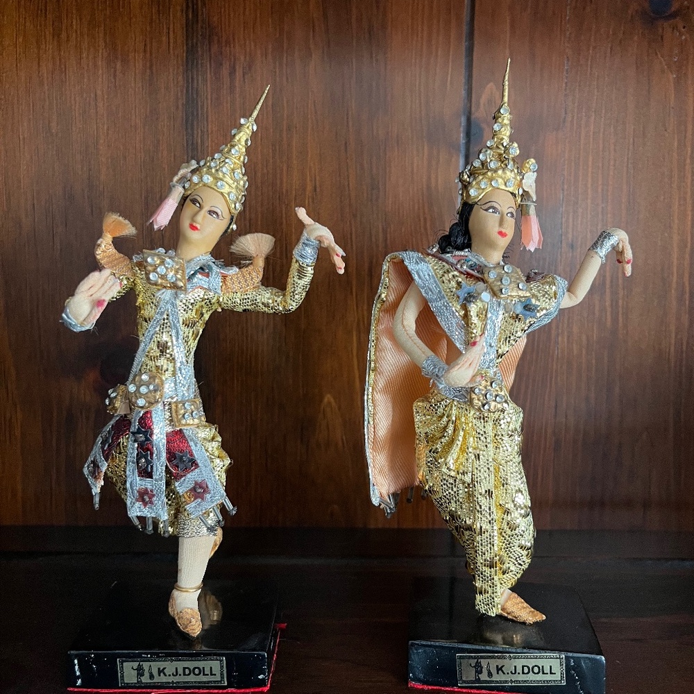 Vintage Pair Thai Dancing Dolls, Artisan Folk Art, Male & Female Couple‎ 8"